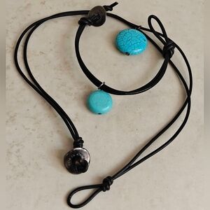Athens Protasis Turquoise and Black Leather Cord Necklace & Bracelet Set